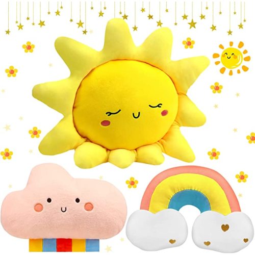 Queekay Set of 3 Kid Moon Star Cloud Cushion Soft Plush Pillow Nursery Stuffed Throw Cushion Children Cute Pillow for Baby Room Reading Nook Decorations Gifts(Rainbow, Cloud, Sun)