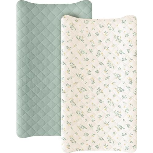Konssy Waterproof Muslin Changing Pad Cover 2 Pack, Quilted Cotton Fitted Diaper Changing Table Cover, Soft Changing Pad Sheets for Girls Boys (Leafy,Green)
