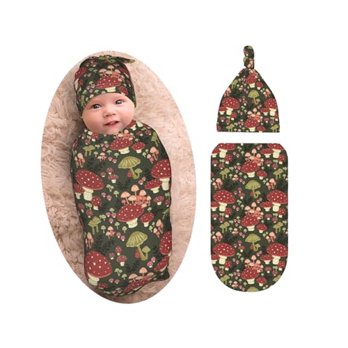 Cute Mushroom Newborn Swaddle Blanket with Beanie Set, Soft and Stretchy Baby Blanket Swaddle Sack for Boy and Girl