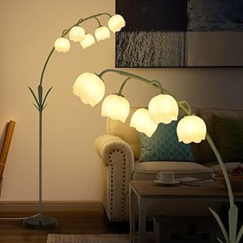 HMVPL Arc Floor Lamp for Living Room, Flower Floor Lamp with 5 G9 LED Bulbs, Foot Switch, Green Floral Standing Lamp with Acrylic Shade, Curved Tall Lamp for Living Room Bedroom Corner Kids Reading