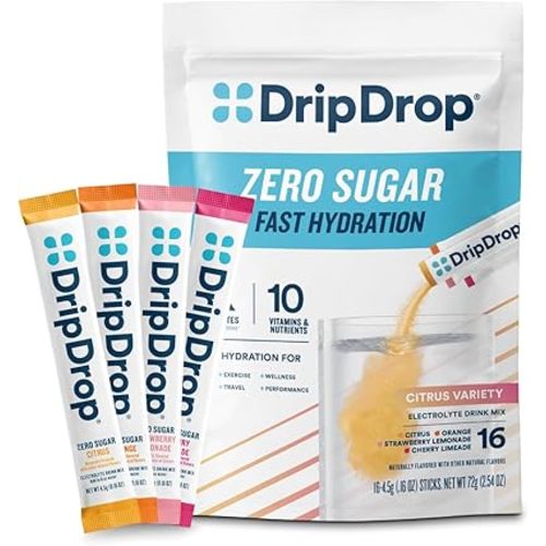 DripDrop Sugar Free Hydration Packets - Zero Citrus Variety Pack - Single Serve Electrolytes Powder Drink Mix - Cherry Limeade, Citrus, Orange, Strawberry Lemonade - Non-GMO, Gluten Free - 16 Sticks