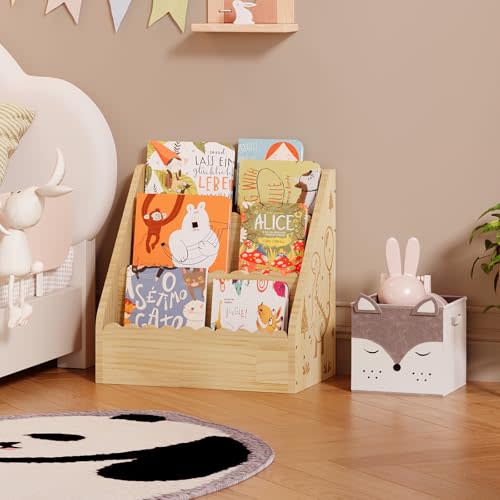 3-Tier Wooden Scalloped Book Shelf for Kids, Montessori Nursery Bookshelf with Front-Facing Storage, Durable Bookcase Book Organizer for Nursery Room