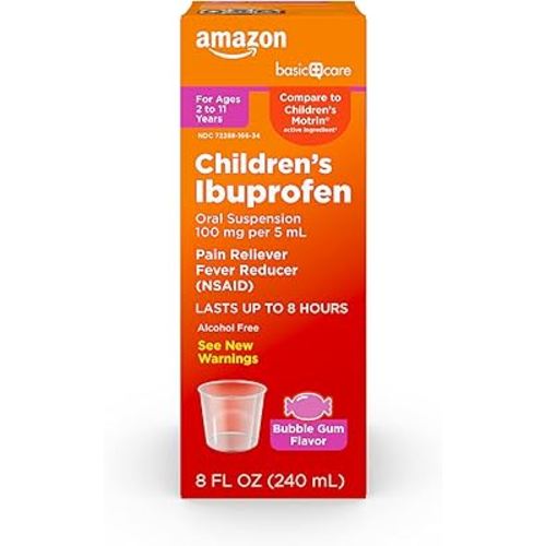 Amazon Basic Care Children's Ibuprofen Oral Suspension 100 mg per 5 mL, Pain Reliever and Fever Reducer (NSAID), BubbleGum, For Minor Aches and Pains, Headache Relief and More, 8 fl oz (Pack of 1)