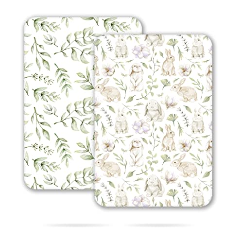 TCBunny 2 Pack Premium Fitted Baby 38X26 Mini Crib Sheets, Pack N Play Bassinet Sheets - Ultra-Soft 100% Cotton, Stylish Rabbit, and Garden Pattern, Safe and Snug for Baby
