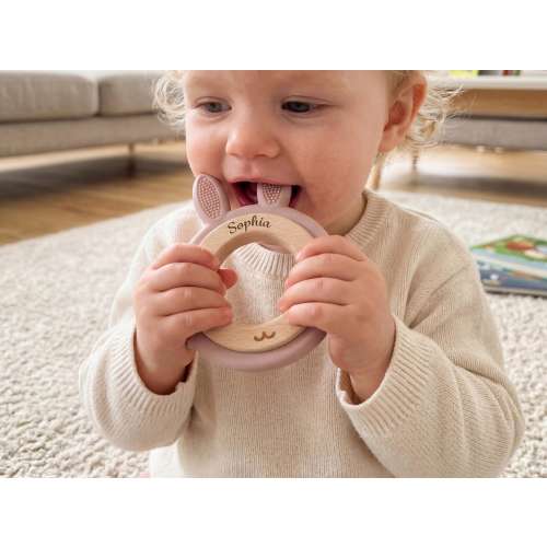 Personalized Baby Teething Rings,Custom Name Silicone Baby Teether,Wooden Ring Sensory Toy,Engraving Silicone Teething Ring,Newborn Gift