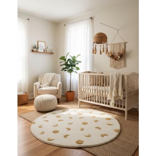 Round Moon Phase Rug – Ivory Celestial Nursery Carpet, Boho Kids Room Decor, Golden Sun & Crescent, Soft Wool, Custom Size, Playroom Accent