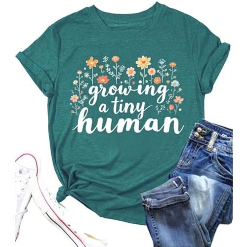 Women Pregnancy Announcement Shirts Growing A Tiny Human Floral Graphic Tshirt Maternity Reveal Tee Tops