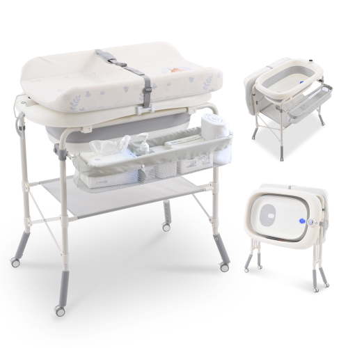 Linor 2 in 1 Bathtub with Changing Table, Waterproof Diaper Changing Station Portable Changing Table Adjustable Height Nursery Organizer with Storage Racks