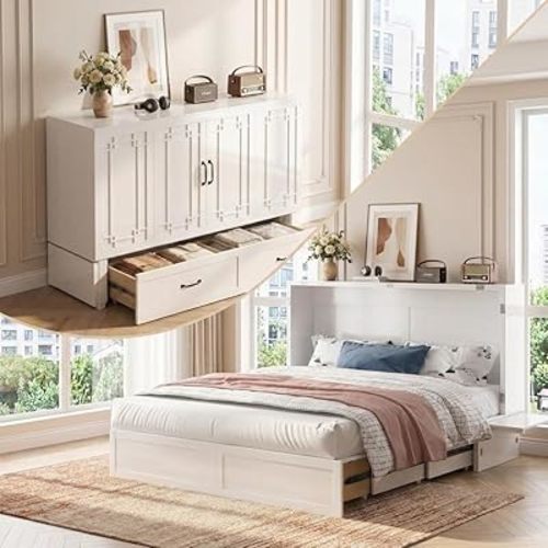 PUREMIND Murphy Bed Queen with Mattress Included, Solid Wood Cabinet Bed with Storage Drawer, USB Charging Port, Space Saving Hideaway Murphy Beds Cabinet for Guest Room