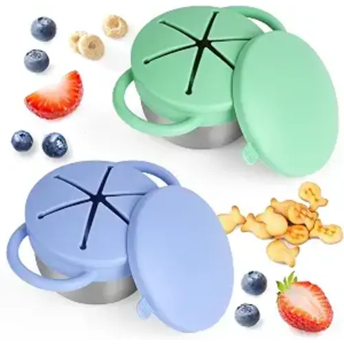 2 Pack Snack Cups for Toddlers Spill Proof - Detachable Stainless Steel Toddler Snack Cups with Silicone Lids & Handles - Dishwasher Safe Snack Container for Mess-Free Snacking（Blue-purple and Green)
