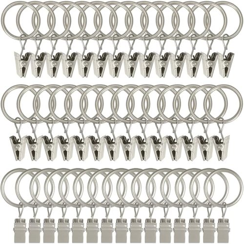 WeeksEight 44 Pack Matte Silver Curtain Rings with Clips, Curtain Hooks Hangers Clip Rings for Hanging Drapes Bows Hat, Drapery Rings 1 in I D, Fits up to 5/8 in Diameter Curtain Rod.
