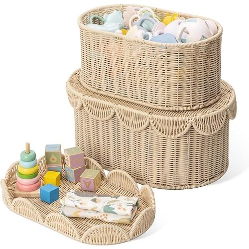 GRANNY SAYS Plastic Scalloped Basket with Lids, Woven Wicker Baskets for Organizing, Decorative Boxes with Scalloped Edge, Waterproof Wicker Box for Shelves, Bathroom, Living Room