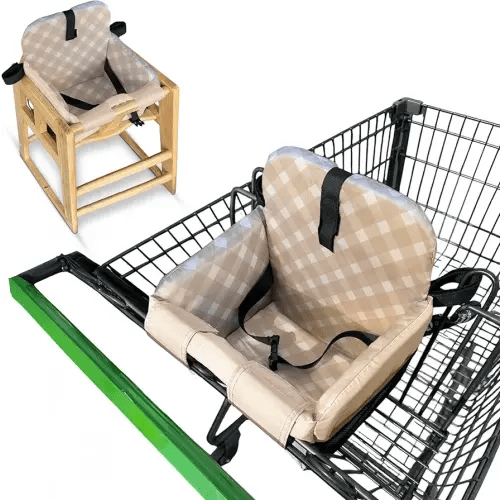 Shopping Cart Seat Cover for Baby, High Chair & Grocery Seat Protector, Padded Chair Covers for Restaurant Seats, Unisex Machine Washable Grocery Cart Liner & Swing Insert – Beige Checkered