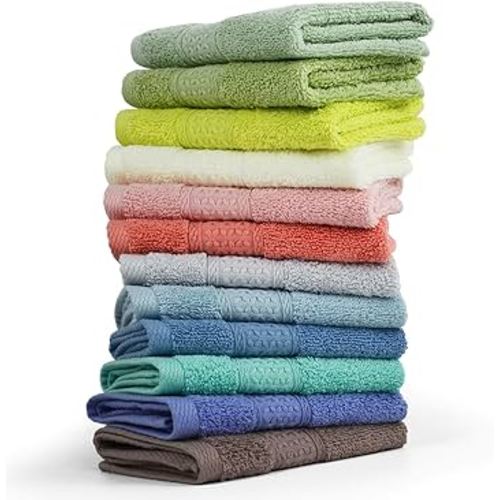 Cleanbear 100% Cotton Washcloths 12 Pack Bath Wash Cloths Facecloths, 13 by 13 Inches Large Bathroom Washcloth Set 12 Assorted Colors (Multi, 12)