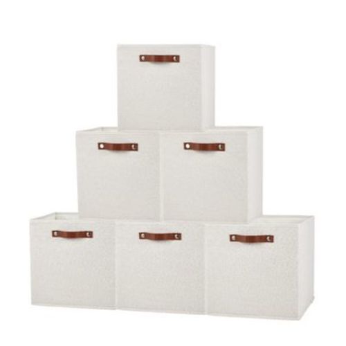 Storage Bins – 6 Pack 11" Foldable Cube Baskets – Leather Handles – Collapsible Fabric – Shelf Organizer – Closet & Open Front Shelves – Beige