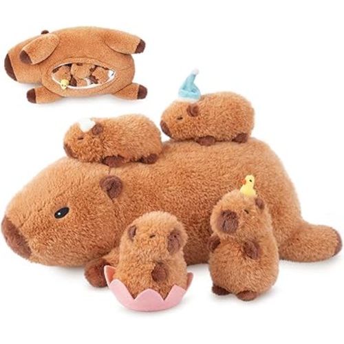 SuzziPals Lotus Capybara Stuffed Animal with Babies Inside, 5PCS Capybara Plush Set with Mommy & 4 Baby Capybaras, Soft Pillow Plush for Bedroom Decor, Birthday Easter Gift for Kids & Capibara Lovers