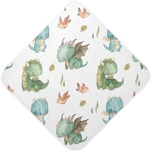 Kigai Cute Dragon Muslin Hooded Baby Towel Ultra Soft and Absorbent Bath Towel for Boy Girl Cotton Baby Bathrobe Blanket for Newborn Infant Toddler, 30x30 Inch