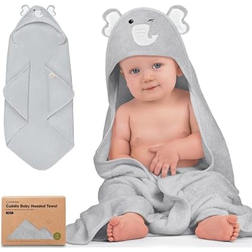 KeaBabies Hooded Baby Towel for Newborn - Viscose Derived from Bamboo Large Baby Bath Towels with Hood for Boys, Girls, Toddler, Extra Absorbent & Soft Newborn Bath Essentials (Elephant, Petite)