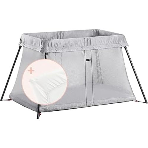 BabyBjörn Travel Cot Light with Fitted Sheet, Silver