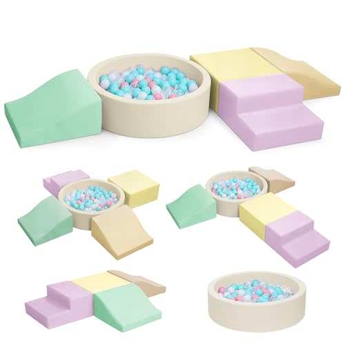 Hoohtoot Foam Climbing Blocks for Toddler: with 4-Piece PU Leather Climbing Toys and a Ball Pit - Foam Ball Pit for Toddlers - Climbing Toys Indoor for Kids Crawling (Yellow Climbing Blocks)