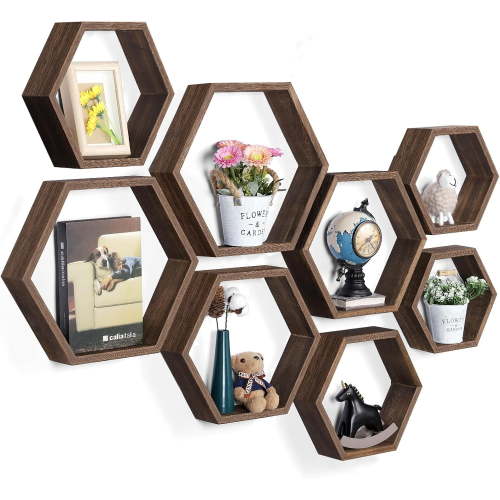 Honeycomb Shelves, Set of 8 Wall Mounted Floating Shelves, Farmhouse Storage Home Decor Shelf, Hexagon Plants Wall Shelf for Living Room, Brown