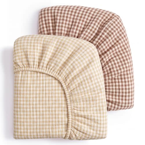 Blissful Diary Muslin Crib Sheets, 2 Pack, Beige Gingham & Brown Gingham | fitted for 52''x28'' crib mattress, soft and breathable cotton, boho style, easy care for machine wash, gift for boy and girl