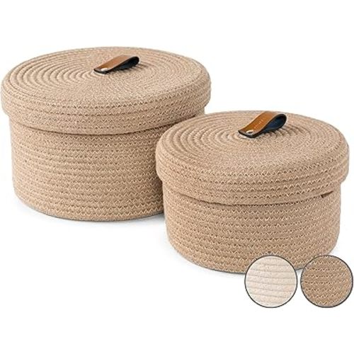 DENJA & CO Set of 2 Decorative Storage Baskets with Lids - Round Woven Baskets for Home Decor and Organizing - Small Shelf Baskets with Leather Tabs and Handles - Decorative Storage and Organizer Bins