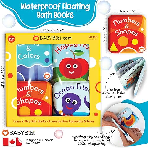 Floating Baby Bath Books Set of 4 - Bath Books for Babies, Infants - Waterproof, Mold-Free Bath Toys for Learning & Early Education (Fruit, Ocean, ABC, Numbers Books)