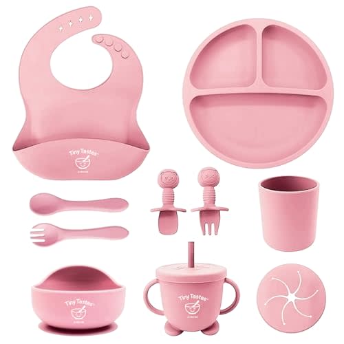 Tiny Tastes 10-Piece Silicone Baby Feeding Set – BPA-Free, Spill-Proof Suction Plate, Bowl, Bib, Snack Cup & Utensils | Dishwasher Safe, Baby Gift Ready (Light Pink)