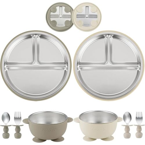 PandaEar 8PCS Baby Feeding Set | Stainless Steel Suction Plates and Bowls with Silicone Fork and Spoon Utensils | Baby Led Weaning Tableware for Toddlers & Kids (Tan & Walnut)