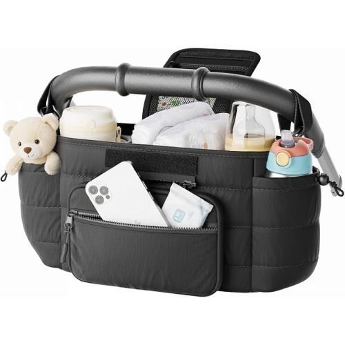 Stroller Caddy with Cup Holder & Detachable Phone Bag, Black