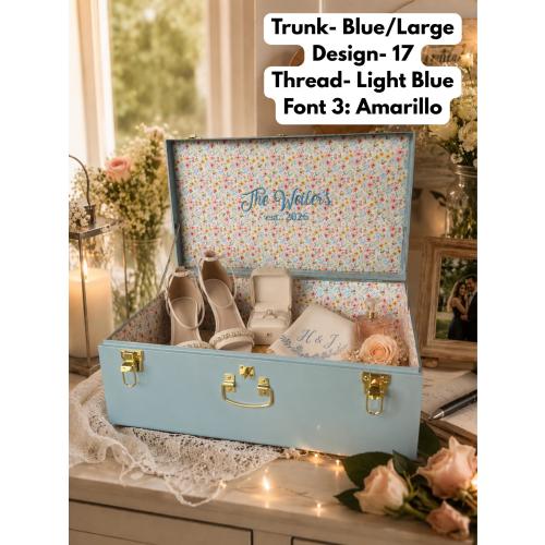 Custom Embroidered Metal Trunk | Personalized Fabric-Wrapped Keepsake Chest | Wedding & Baby Memory Box