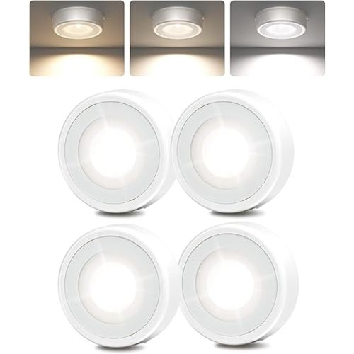 EZVALO LED Puck Lights, 50Lumens, Touch Light, 2.5'' Mini Tap Light, Rechargeable Sitck On Tap Lamp, 3 Color Temps, Under Cabinet Lights Wireless, Ideal for Kitchen,Closet,Pantry,Camper(4 Pack)
