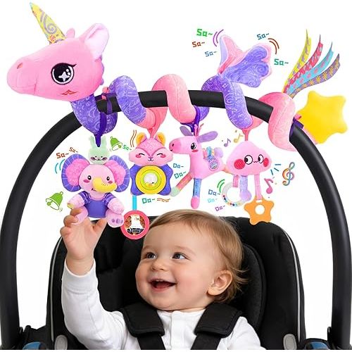 Musical Car Seat Toy for Babies 0-12 Months Girl, 5-in-1 Sensory Activity Hanging Toy Stroller Toy with Soothing Music, Rattle, Mirror for Newborn Infants Essential Gifts, Unicorn