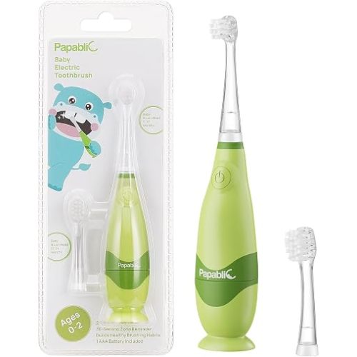Papablic BabyHandy 2-Stage Baby Sonic Electric Toothbrush for Babies and Toddlers Ages 0-3 Years, Green