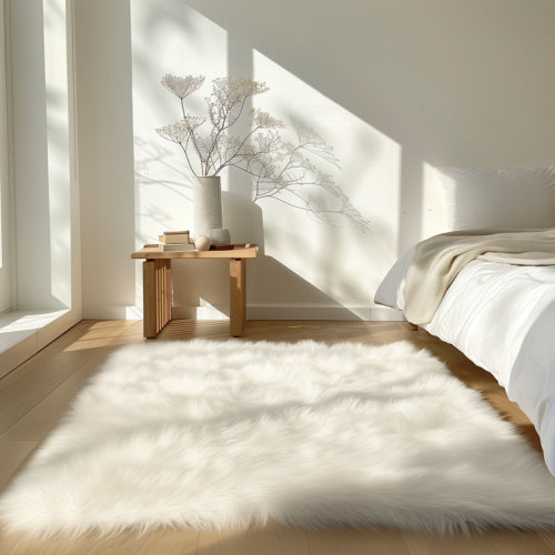 Haja Fluffy Faux Sheepskin Fur Shag Area Rug in White