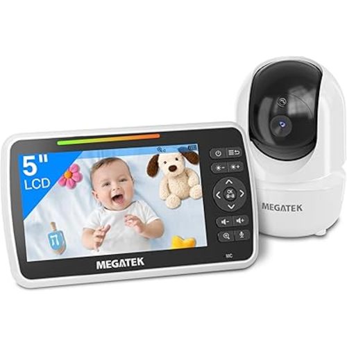 MEGATEK BabyView Video Baby Monitor with Camera and Audio, 5” Screen, Pan-Tilt-Zoom, No-WiFi 2.4GHz Wireless, 30-Hour Battery, Night Vision, 2-Way Talk, VOX, Lullabies, Timer, Temperature Alerts