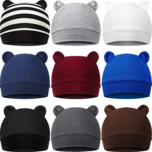 Geyoga 9 Pieces Newborn Baby Hat Bear Ears Infant Caps Baby Boy Girl Toddler Hats Beanie Caps, 2 Ears