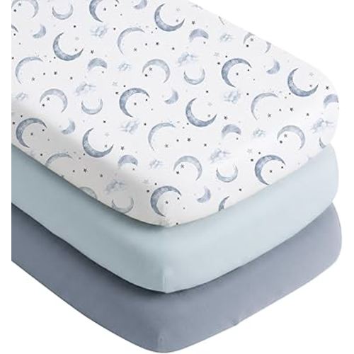 Konssy Silky Soft Bassinet Sheets 3 Pack, Ultra-Stretchy Bassinet Mattress Sheets 33"x 21" for Baby Girl Boy, Compatible with Baby Delight, Dream On Me, AMKE and Other Rectangle Mattress (Blue Moon)