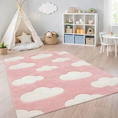 Paco Home Modern Kids Rug with Clouds in Pink Pastel for Nursery, Size: 4' x 5'7"