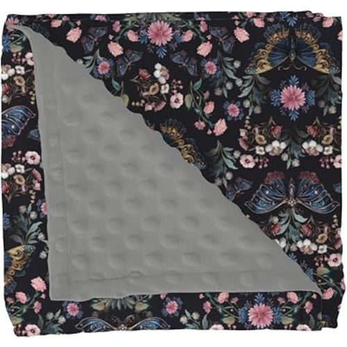 Mystical Moth Floral Baby Blanket for Girl Boy Whimsical Moth Flowers Soft Mink Dotted Backing Double Layer Swaddle Receiving Blanket Fantasy Night Garden Bed Throws for Newborn Toddler Crib 30x40