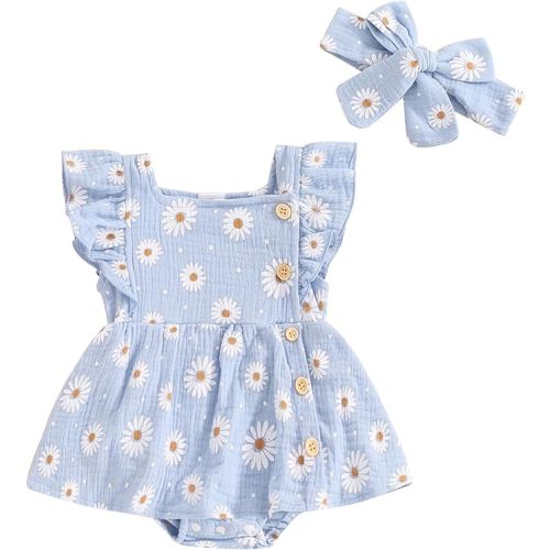 Madjtlqy Toddler Baby Girl Summer Clothes Ruffled Sleeves Solid Color Flower Romper Dress Newborn Outfits with Headband - 12-18 Months - C-blue