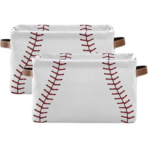 AUUXVA Sports Baseball Print Storage Bins, 2 Pack - Rectangular, Brown, Canvas, Faux Leather Handles, Sturdy, Collapsible, Ideal for Office, Bedroom, Bathroom, Nursery, Kids Room