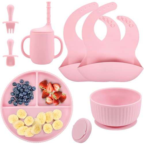 AYAOQIANG Soft Silicone Baby Feeding Set, Baby Led Weaning Set Infant Self Eating Utensil Set 7pcs Pink