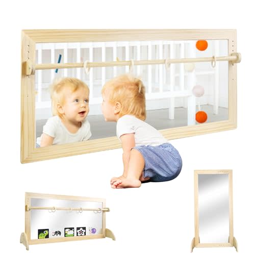 Montessori Mirror with Bar, Adjustable Wood Baby Pull Up Bar, Floor & Wall Shatterproof Safety Infant Coordination Montessori Furniture, for Home, Daycare, or Preschool