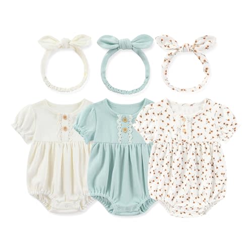 MAMIMAKA Newborn Baby Girl Clothes Cotton Bubble Romper Floral Short Sleeve Bodysuit 3 Pack