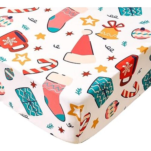 Christmas Crib Sheet for Baby Boys Girls 52 x 28 Inches Gift Fitted Crib Sheets for Standard Crib and Toddler Mattress,Baby Sheet Newborn Bedding Nursery Mattress Cover,White