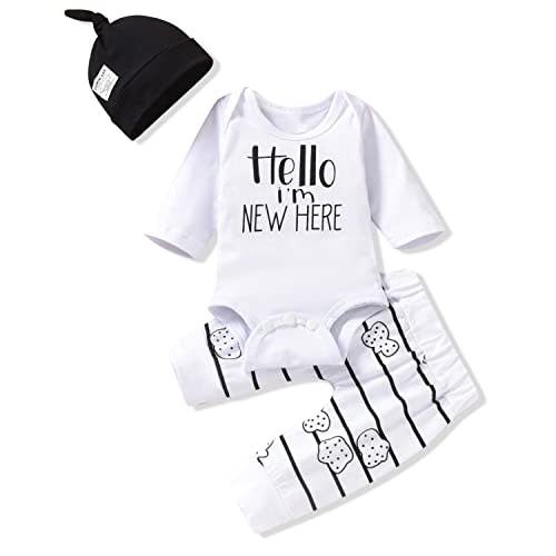 HIHA Preemie Newborn Infant Baby Boys Girls I Am New Here Bodysuit Pant Hat for Unisex Outfits
