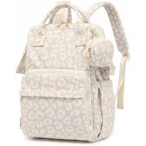 Baby Diaper Bag Backpacks for Mom Dad, Corduroy Large Capacity Multifunction Nappy Bag with Pacifier Case, Baby Travel Essentials Diaper Backpack for Boys Girls - Leopard Khaki
