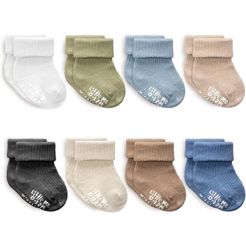 Little Me Baby Socks 16 Pairs | 61% Organic Cotton | Sizes 0-12M & 12-24M | Seamless Toe & Anti-Slip Gripper Sole